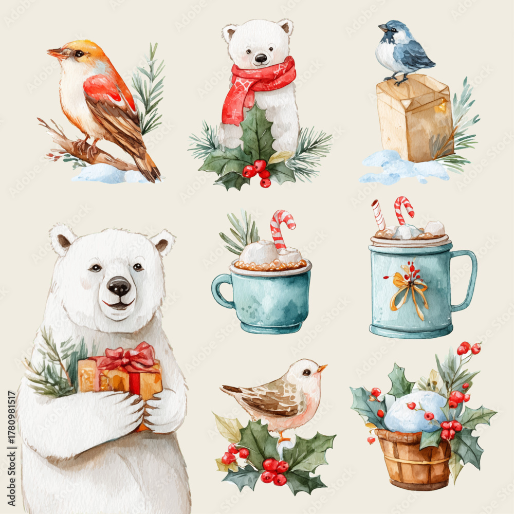 Fototapeta premium Watercolor Cute Christmas Bears Clipart Collection — Adorable Hand Painted Bears Holding Gifts, Festive Winter Characters, Cozy Holiday Illustrations on White Background