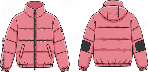 Bild auf Leinwand Pink puffer jacket, front and back view, quilted outerwear, winter fashion, hood