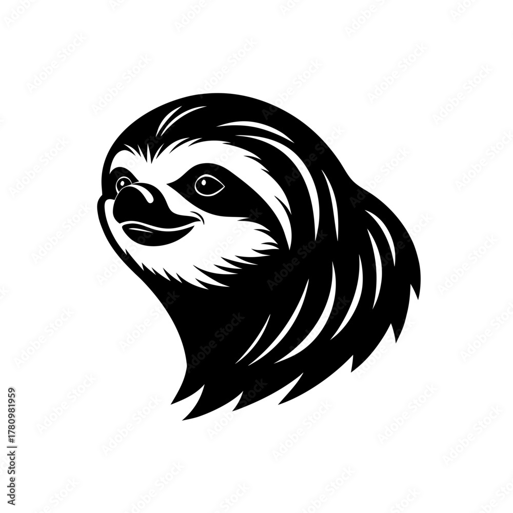 Naklejka premium Stylized black and white sloth head illustration looking happy