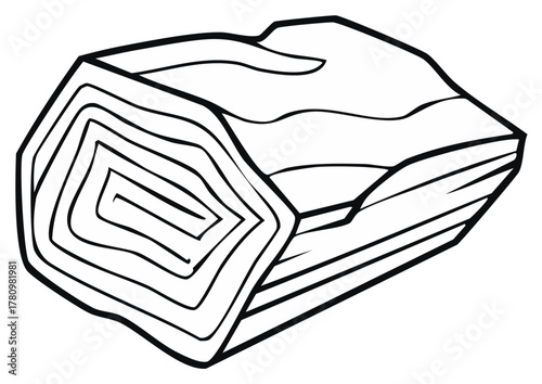 Simple black and white line art drawing of a cut log showing natural tree rings and wood grain