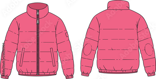 Pink puffer jacket, front and back view, quilted outerwear, winter fashion, technical sketch, zipper pockets, high collar, elastic cuffs