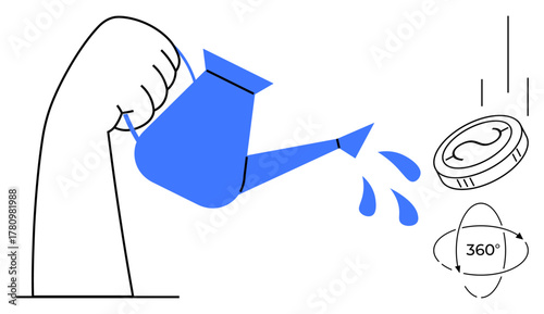 Hand tipping jug with water droplets landing on coin in rotation. Ideal for investment, growth, innovation, success, startup, opportunity, sustainability themes. Simple flat metaphor