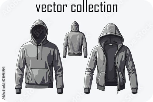 Vector collection of three gray hooded sweatshirts showcasing different styles and details of this popular casual outerwear garment