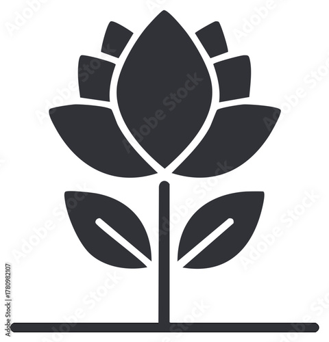 Elegant dark silhouette illustration of a lotus flower and leaves in bloom, growing on a stem