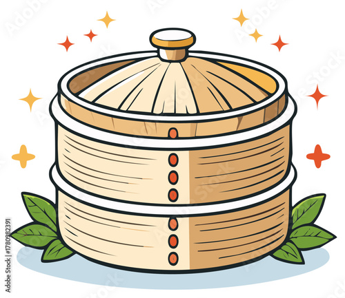 Cartoon illustration of a bamboo steamer with leaves and sparkles