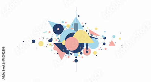 A vibrant abstract composition featuring colorful geometric shapes and scattered elements, perfect for modern design and digital artwork.