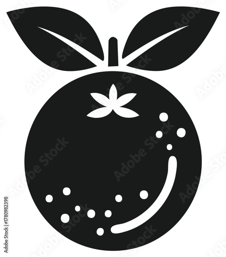 Simple black icon of an orange fruit with leaves and a stem