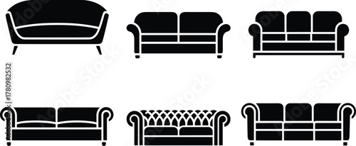 Sofa silhouette, couch icon, black graphic, vector illustration, furniture design, interior decor, seating style, home comfort, lounge, livingSofa silhouette, couch icon, black graphic