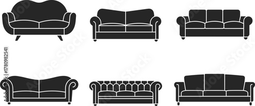 Sofa silhouette, furniture icon, black graphic, vector illustration, couch design, interior decor, seating style, home furnishing, comfort, loungeSofa silhouette, furniture icon, black graphic, 