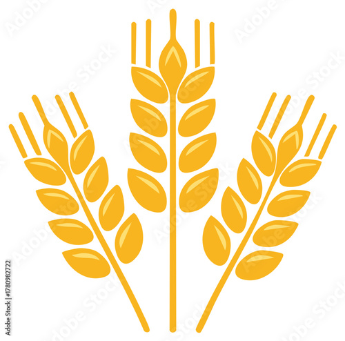 Three golden wheat stalks vector icon. Stylized cereal grain illustration for agriculture, harvest, and bakery.