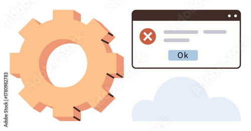 Gear, error message window with Ok button, and cloud representing technical difficulty, system glitch. Ideal for technology, troubleshooting, maintenance, software issues, cloud integration