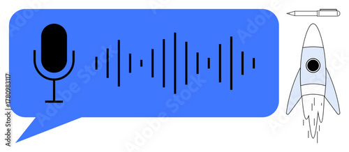 Microphone inside speech bubble with sound waves, rocket, and pen suggesting innovation, communication, and creativity. Ideal for technology, podcasts, design, education inspiration startups