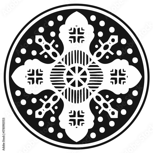 Ornate traditional Christian cross in a circular folk art style medallion