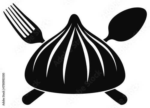 Black silhouette icon of a traditional dumpling with a crossed fork and spoon for a food logo