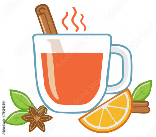 Festive hot mulled drink in a glass mug with cinnamon stick, star anise, and orange slice illustration