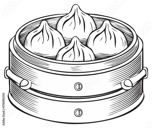 Delicious dim sum dumplings in traditional bamboo steamer basket vintage engraving illustration