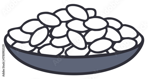 Stylized illustration of many white oval beans or pulses in a gray serving bowl food graphic element