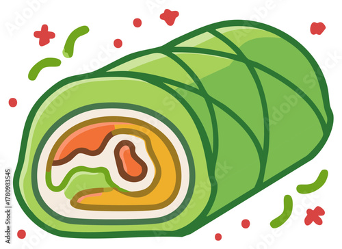 Cartoon Sweet Crepe Illustration Featuring Green Pancake and Orange Filling