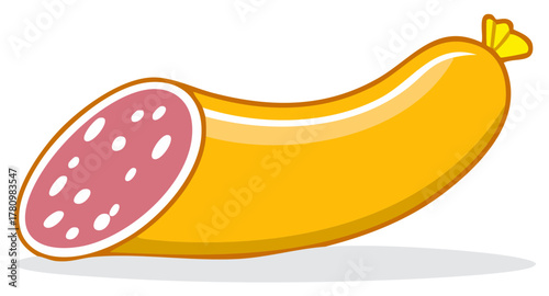 Stylized salami sausage with a cut slice showing pink meat and white fat dots