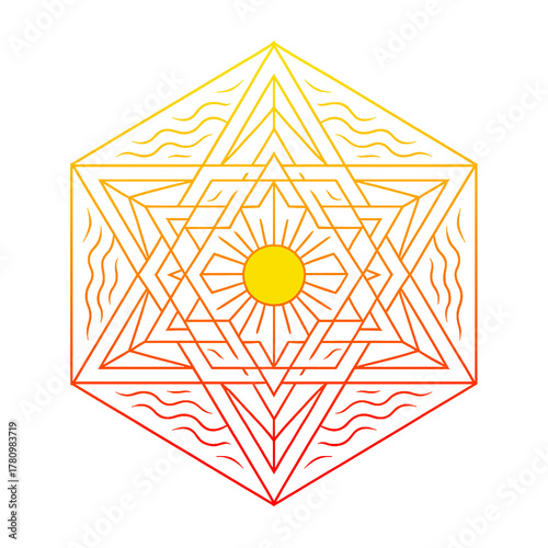 Solar Hexagon Mandala Radiant sun mandala enclosed in a geometric hexagon with layered star lines and wavy elemental patterns. Warm gradient line style.