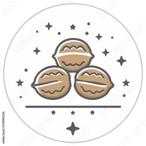 Stylized Graphic of Three Walnuts with Decorative Stars and Dots
