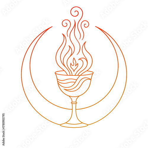 Chalice + Flame + Crescent Symbol Minimalist line-art illustration of a sacred chalice holding a rising flame, framed by a crescent arc. Clean vector lines with a warm gradient, perfect for spiritual,