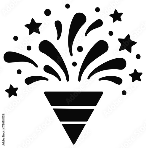 Festive party popper graphic illustration with stars and confetti isolated.