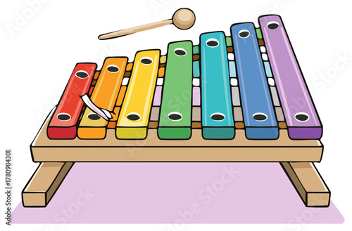 Vibrant Cartoon Xylophone with Stick, Rainbow Colored Bars, and Wooden Frame for Music Fun