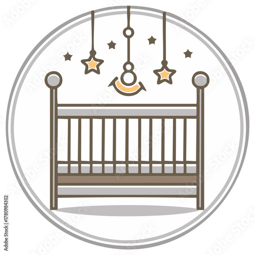 Charming Baby Crib Graphic with Hanging Mobile and Stars for Nursery Decor and Design Projects