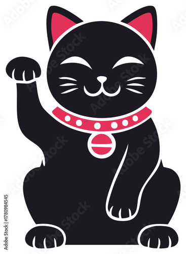 Black Maneki Neko Raising Paw with Collar and Smiling Face, a Symbol of Luck and Good Fortune, Japanese Culture