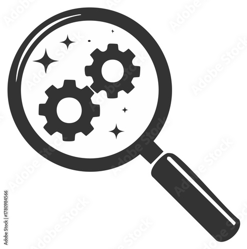 Magnifying glass reveals gears and sparkles for business research