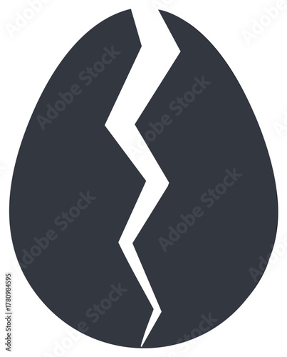 Simple dark grey egg illustration with a prominent white zigzag crack symbolizing breaking or hatching
