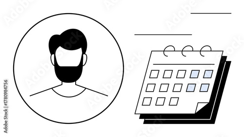 Bearded mans circular avatar alongside a calendar with marked dates and pages flipping. Ideal for scheduling, planning, appointments, time management, organization, routine, simple flat metaphor