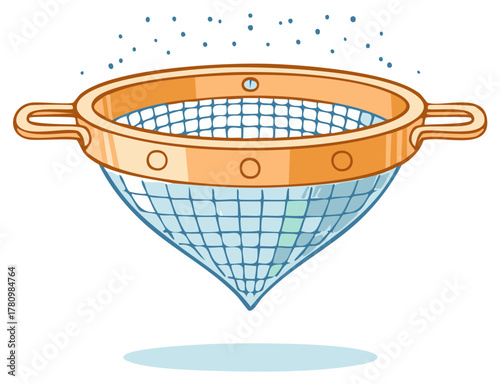 Vector cartoon kitchen strainer filtering liquid through mesh net and dripping water drops