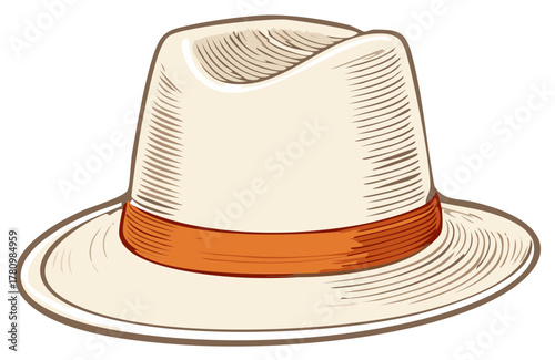 Elegant Panama Hat Illustration with Orange Ribbon Retro Summer Apparel