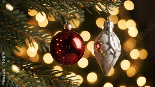 Elegant Glass Baubles Hanging on Pine Branch
