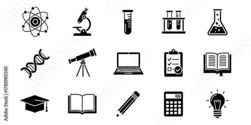Collection of black and white science and education icons in silhouette style