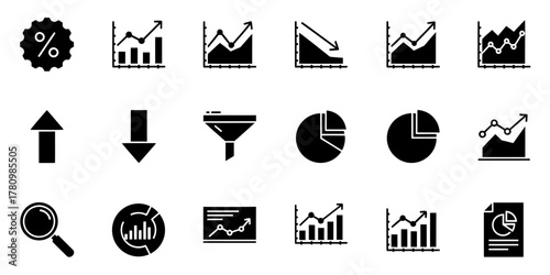 Collection of black silhouette icons representing data analysis and financial growth concepts silhouette