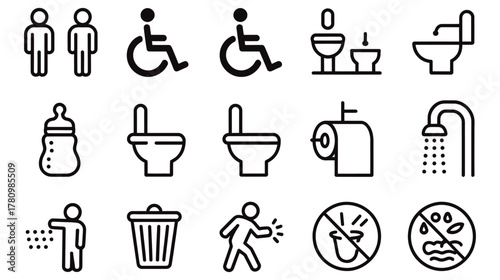 Essential restroom and hygiene icons for clean living and accessibility showcasing toilet, shower, trash, disabled access, and baby care, perfect for signage and informational graphics