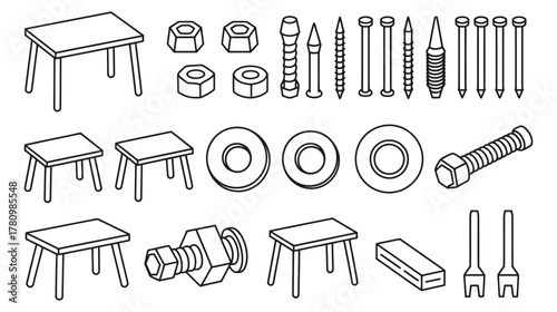 Visualize your next project with these table and fastener outlines, ideal for blueprints and schematics, showcasing a practical design for any construction or repair guide, ensuring clarity and precis