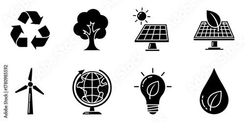 Collection of eco friendly symbols and icons in silhouette style