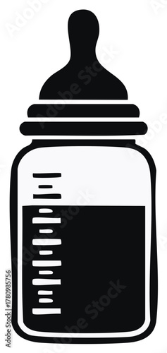 Black Silhouette of Baby Bottle with Feeding Nipple and Measuring Marks