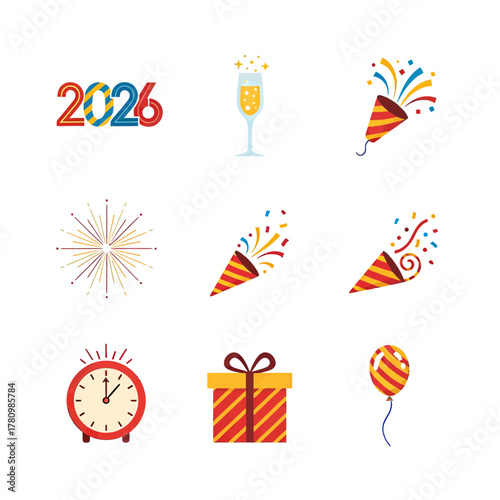Festive 2026 celebration icons with vibrant colors and joyful symbolic elements design