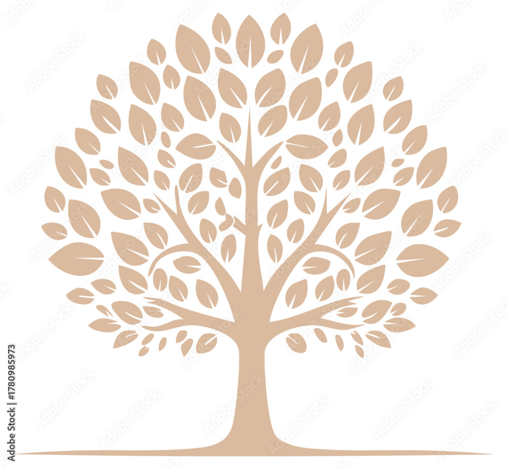 Obraz premium Stylized Beige Tree with Leaves Round Canopy Silhouette on White Represents Growth and Harmony