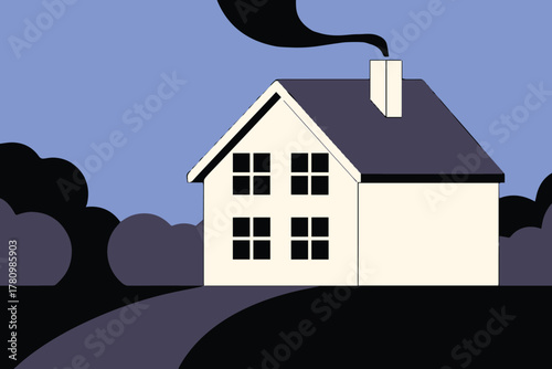 house rural dwelling on hill with chimney smoke pathway flat vector illustration