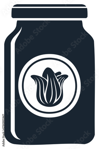 Dark blue jar with white stylized flower icon on label preserving food or ingredients