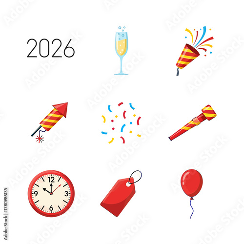 Festive 2026 new year celebration elements against a white background display