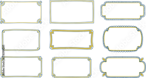 Intricate decorative rectangular frames, blue and yellow ornamental borders, elegant geometric motifs, creative design elements, scrapbook accents, invitation templates