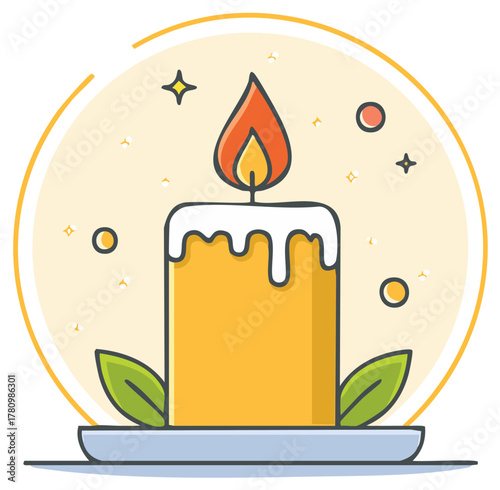 Burning Candle with Light Effect and Leaves Illustration in Flat Design