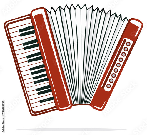 Illustration of a red accordion with a piano keyboard and bellows